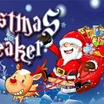 Santa Claus letí na saních s dárky a veselým sobem, s nápisem Christmas Breaker a tlačítkem Play