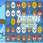 Vánoční motiv s mřížkou různobarevných kruhů představujících vánoční symboly, jako jsou medvědi, sobi a perníčky, s nápisem Christmas Connection uprostřed