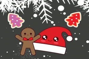 Perníček s červenou čepicí Santa Clause na šedém pozadí s bílými sněhovými vločkami