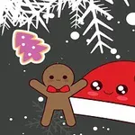 Perníček s červenou čepicí Santa Clause na šedém pozadí s bílými sněhovými vločkami