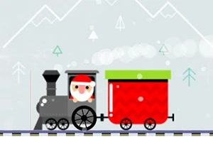 Santa Claus řídí černou parní lokomotivu s červeným vagonem na trati před zimní krajinou s horami a stromy