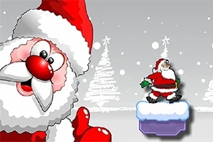 Kreslený Santa Claus v červeném obleku na zimním pozadí se sněhem a stromy
