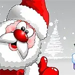Kreslený Santa Claus v červeném obleku na zimním pozadí se sněhem a stromy