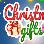 Nápis Christmas gifts s barevnými stuhami na pozadí s padajícími sněhovými vločkami