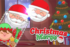 Postava Santa Clause a elf, vánoční stromeček s barevnými světly, vánoční ozdoby a text Christmas Merge