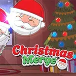 Postava Santa Clause a elf, vánoční stromeček s barevnými světly, vánoční ozdoby a text Christmas Merge