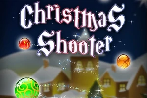 Vánoční motiv s textem Christmas Shooter, třpytivými ozdobami a zimní krajinou na pozadí