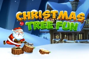 Santa Claus seká dřevo před zasněženou chalupou pod nápisem Christmas Tree Fun