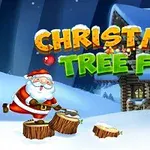 Santa Claus seká dřevo před zasněženou chalupou pod nápisem Christmas Tree Fun