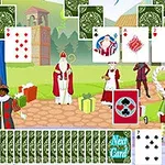 Vánoční scéna s kartami, na které jsou zobrazeni Santa Claus, osoba v červených šatech a hromada dárků