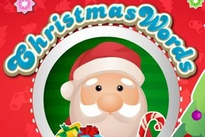 Santa Claus s vánočními dárky a cukrovou hůlkou na pozadí s nápisem Christmas Words