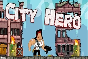 Muž s čelenkou a zbraní stojí mezi zničenými budovami s nápisem City Hero na pozadí