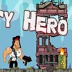 Muž s čelenkou a zbraní stojí mezi zničenými budovami s nápisem City Hero na pozadí