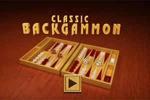 Otevřený dřevěný backgammonový set s kostkami na hnědém pozadí s nápisem nahoře