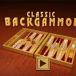Otevřený dřevěný backgammonový set s kostkami na hnědém pozadí s nápisem nahoře