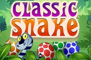Barevný nápis classic snake se smějícím se hadem a barevnými vajíčky na pozadí džungle