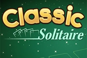 Text „Classic Solitaire“ na zeleném pozadí s kartami a hvězdami kolem