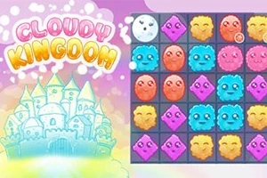 Barevná mřížka s roztomilými tvářemi a logem Cloudy Kingdom vedle kresleného hradu na pastelovém pozadí