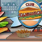 Sendvič s různými ingrediencemi vedle loga Club Sandwich na pozadí interiéru restaurace