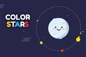Ilustrace planety s obličejem obíhající kolem barevné hvězdy, na tmavě modrém pozadí s nápisem COLOR STARS