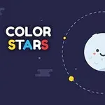 Ilustrace planety s obličejem obíhající kolem barevné hvězdy, na tmavě modrém pozadí s nápisem COLOR STARS
