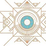 Geometrický obrazec s centrálním modrým kruhem a složitými liniemi v hnědé barvě