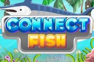 Barevný nápis CONNECT FISH na pozadí s mečounem a mořskou scenérií