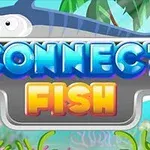 Barevný nápis CONNECT FISH na pozadí s mečounem a mořskou scenérií