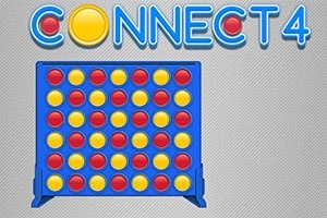 Nápis CONNECT 4 s hrací deskou obsahující červené a žluté žetony