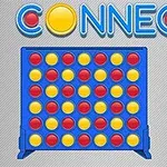 Nápis CONNECT 4 s hrací deskou obsahující červené a žluté žetony