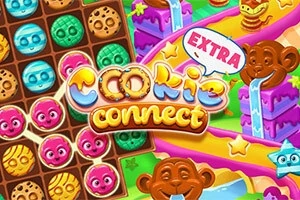 Barevná grafika s usměvavými opičkami, pestrobarevnými sladkostmi a textem Cookie Connect na pozadí herního pole s tvářemi