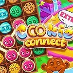Barevná grafika s usměvavými opičkami, pestrobarevnými sladkostmi a textem Cookie Connect na pozadí herního pole s tvářemi