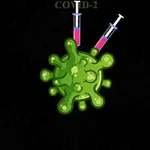 Zelený virus s dvěma injekčními stříkačkami na černém pozadí