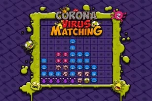 Barevné postavičky v mřížce s nápisem Corona Virus Matching a tmavě fialovým pozadím