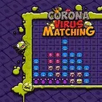 Barevné postavičky v mřížce s nápisem Corona Virus Matching a tmavě fialovým pozadím