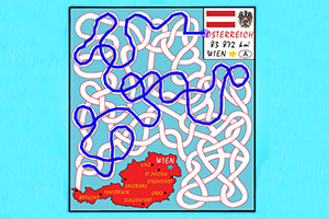 Mapa Rakouska s vyznačenými městy a spletitou cestou vedoucí k Vídni