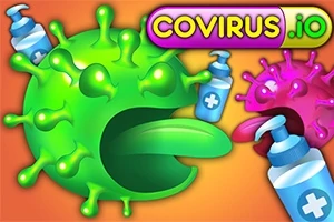 Zelený a růžový virus s očima, otevřenými ústy a lahvemi dezinfekce na oranžovém pozadí