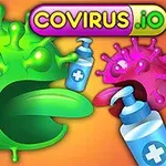Zelený a růžový virus s očima, otevřenými ústy a lahvemi dezinfekce na oranžovém pozadí