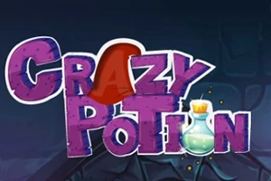Fialový nápis CRAZY POTION s malou lahvičkou lektvaru na tmavém pozadí