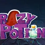 Fialový nápis CRAZY POTION s malou lahvičkou lektvaru na tmavém pozadí