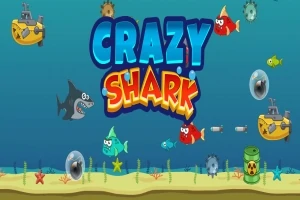 Barevná ilustrace podmořské scény s kreslenými rybami, ponorkami, žralokem a nápisem Crazy Shark
