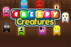 Barevné postavičky s různými výrazy obklopující nápis Creepy Creatures na tmavém pozadí
