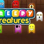 Barevné postavičky s různými výrazy obklopující nápis Creepy Creatures na tmavém pozadí