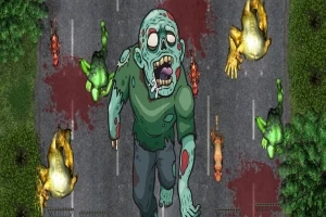 Kreslený zombie postava na silnici obklopená rozbitými auty a krvavými skvrnami