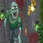 Kreslený zombie postava na silnici obklopená rozbitými auty a krvavými skvrnami