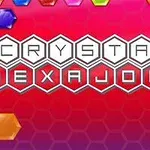Barevné šestiúhelníky na červeném pozadí s nápisem CRYSTAL HEXAJONG