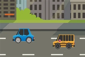 Modrá a žlutá auta jedoucí po městské ulici s budovami v pozadí