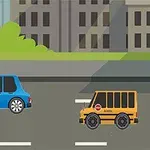 Modrá a žlutá auta jedoucí po městské ulici s budovami v pozadí