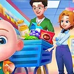 Dítě a rodiče nakupují v supermarketu s plným nákupním vozíkem, který obsahuje potraviny jako džus a hrozny