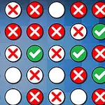 Barevná mřížka s ikonkami zelených zaškrtávacích znamének a červených křížků v kruzích na modrém pozadí